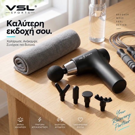 VSL Sports HyperGun Go σε καθαρή lifestyle φωτογραφία με 5 κεφαλές μασάζ, premium compact σχεδιασμό και μήνυμα για μυϊκή χαλάρωση, recovery και καθημερινή ευεξία.