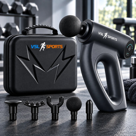 VSL Sports HyperGun Pulse σε hero εικόνα με λεία εργονομική ring λαβή, βαλιτσάκι μεταφοράς και 5 αξεσουάρ μασάζ.