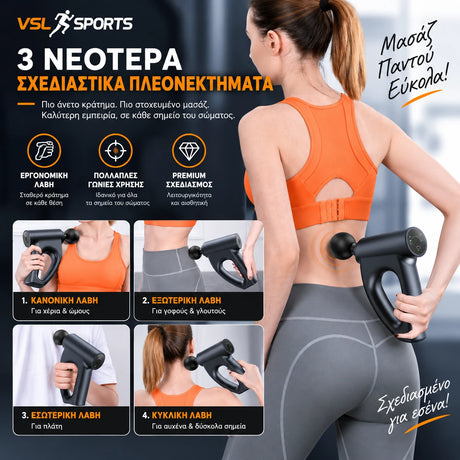 VSL Sports HyperGun Pulse με εργονομική ring λαβή και διαφορετικές θέσεις κρατήματος για πιο εύκολη χρήση σε ώμους, αυχένα, πλάτη, μέση και πόδια.