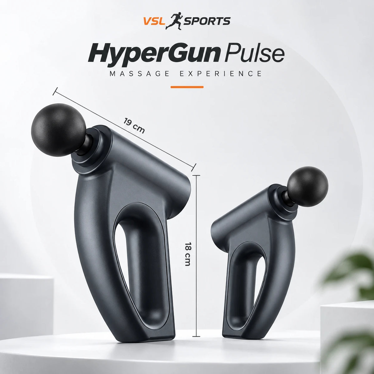 VSL Sports HyperGun Pulse με διαστάσεις 19 × 18 cm και εργονομική ring λαβή, σε καθαρή premium παρουσίαση προϊόντος.