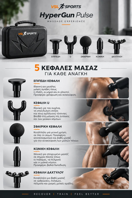 VSL Sports HyperGun Pulse με βαλιτσάκι μεταφοράς και 5 διαφορετικές κεφαλές μασάζ για στοχευμένη χρήση σε διαφορετικές μυϊκές περιοχές.