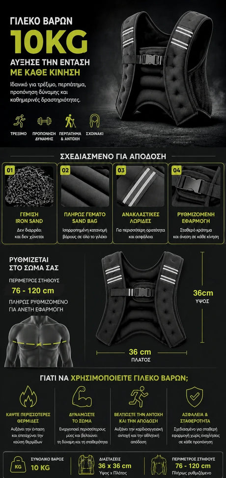 VSL Sports IronVest 10kg γιλέκο βαρών με iron sand, ανακλαστικές λωρίδες, ρυθμιζόμενη εφαρμογή στήθους 76 έως 120 cm και διαστάσεις 36 x 36 cm