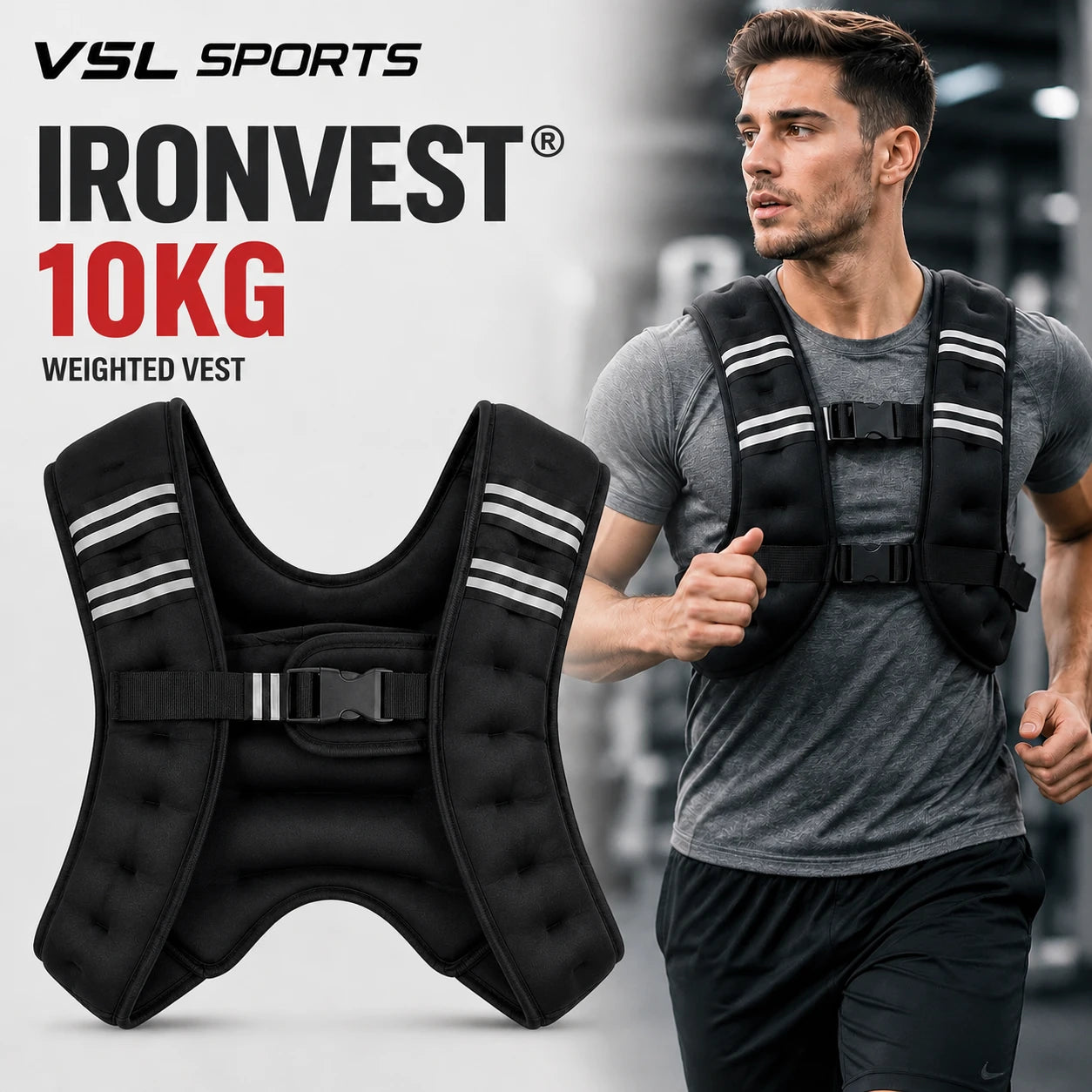 VSL Sports IronVest 10kg γιλέκο βαρών weighted vest με ανακλαστικές λωρίδες, παρουσίαση προϊόντος και άνδρα κατά την προπόνηση