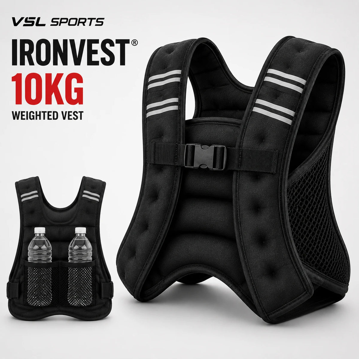 VSL Sports IronVest 10kg γιλέκο βαρών weighted vest με ανακλαστικές λωρίδες, ρυθμιζόμενη εφαρμογή και πίσω mesh θήκες για μπουκάλια