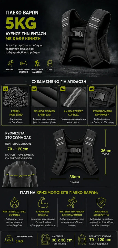 VSL Sports IronVest 5kg γιλέκο βαρών με iron sand, ανακλαστικές λωρίδες, εφαρμογή στήθους 70 έως 120 cm και διαστάσεις προϊόντος