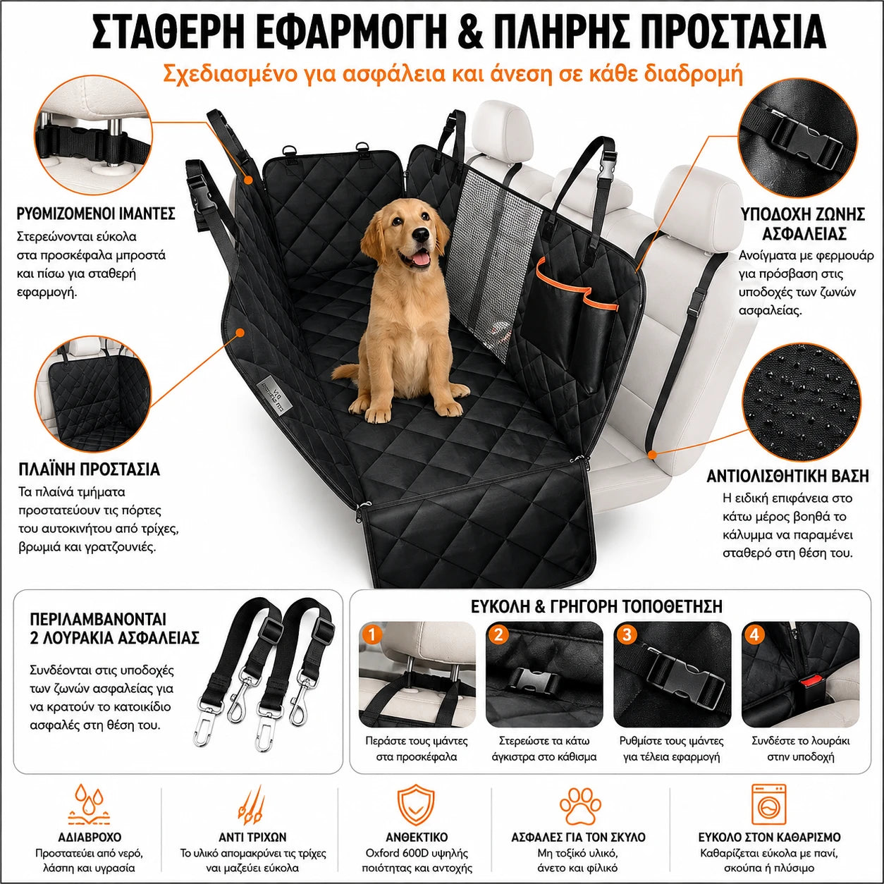 VSL Sports PetShield Pro αδιάβροχο κάλυμμα πίσω καθίσματος αυτοκινήτου με πλαϊνή προστασία, αντιολισθητική βάση και 2 λουράκια ασφαλείας