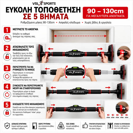 VSL Sports PowerBar 130 οδηγός εγκατάστασης σε 5 βήματα για μονόζυγο πόρτας 90–130cm, χωρίς τρύπημα και με ασφαλές κλείδωμα.