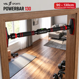 VSL Sports PowerBar 130 ρυθμιζόμενο μονόζυγο πόρτας 90–130cm τοποθετημένο σε μεγαλύτερο άνοιγμα πόρτας, χωρίς τρύπημα.