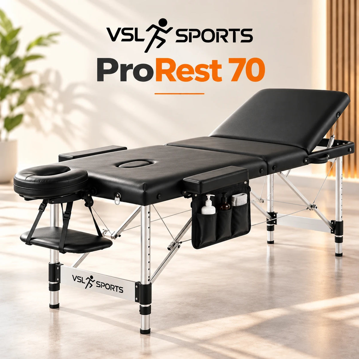 VSL Sports ProRest 70 επαγγελματικό πτυσσόμενο κρεβάτι μασάζ 185×70cm με αλουμινένιο σκελετό, ανάκλιση πλάτης και πλαϊνή θήκη.