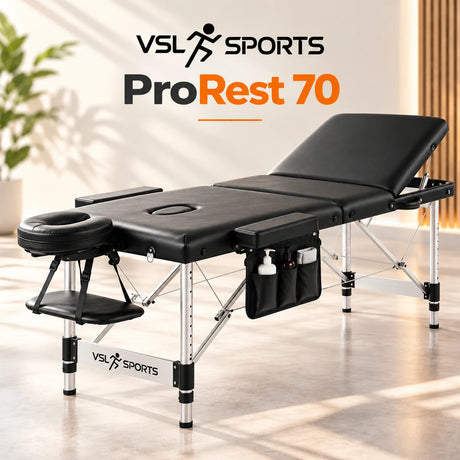 VSL Sports ProRest 70 επαγγελματικό πτυσσόμενο κρεβάτι μασάζ 185×70cm με αλουμινένιο σκελετό, ανάκλιση πλάτης και πλαϊνή θήκη.