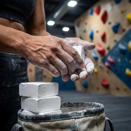 Αθλητής εφαρμόζει μαγνησία VSL Sports PureGrip® πριν από αναρρίχηση σε κλειστό γυμναστήριο