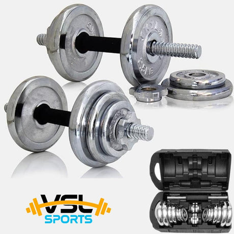 VSL Sports - Σετ ατσάλινων αλτήρων με βάρη 2 x 10 κιλών και βαλιτσάκι μεταφοράς - Chrome Plated Cast Iron - VSL140531 - wox.gr