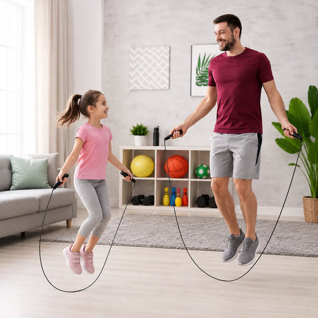 VSL Sports SpeedCore® σχοινάκι γυμναστικής σε οικογενειακή προπόνηση στο σπίτι, κατάλληλο για ενήλικες και παιδιά, με ρυθμιζόμενο μήκος, ατσάλινο καλώδιο και ρουλεμάν υψηλής ταχύτητας