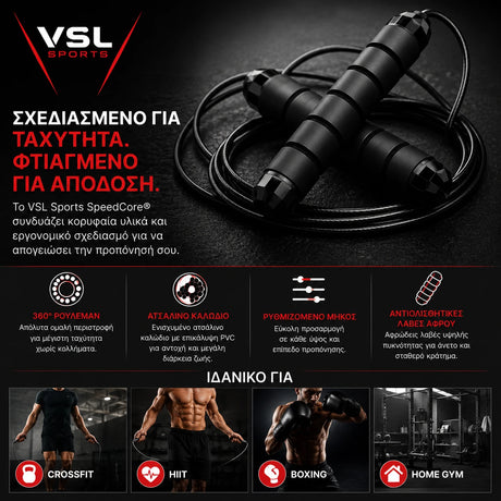 VSL Sports SpeedCore® premium σχοινάκι γυμναστικής με ρουλεμάν 360°, ατσάλινο καλώδιο PVC, ρυθμιζόμενο μήκος και αντιολισθητικές λαβές για CrossFit, HIIT, Boxing και Home Gym