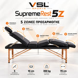 VSL Sports SupremeRest 5Z επαγγελματικό κρεβάτι μασάζ με παρουσίαση των 5 τμημάτων, ανακλινόμενη πλάτη, ρυθμιζόμενη στήριξη ποδιών και ξύλινο σκελετό.