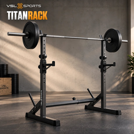 VSL Sports TitanRack ρυθμιζόμενο squat rack με μπάρα και δίσκους, για squat, bench press και ολοκληρωμένη προπόνηση σε home gym