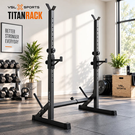 VSL Sports TitanRack ρυθμιζόμενο squat rack σε φωτεινό premium home gym με 11 θέσεις ύψους, 6 θέσεις πλάτους και αποθήκευση δίσκων