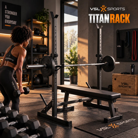 VSL Sports TitanRack ρυθμιζόμενο squat rack με πάγκο και μπάρα σε οργανωμένο premium home gym για ολοκληρωμένη προπόνηση δύναμης