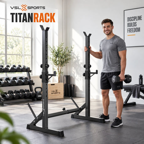 VSL Sports TitanRack ρυθμιζόμενο squat rack σε φωτεινό σύγχρονο home gym με αθλητή και εξοπλισμό προπόνησης δύναμης