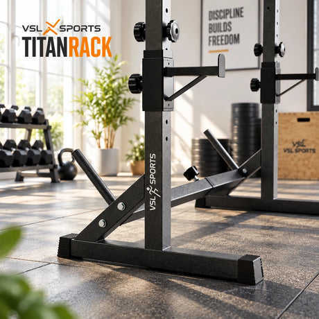 Λεπτομέρεια VSL Sports TitanRack με ατσάλινο σκελετό, ενισχυμένη βάση, ρυθμιζόμενο support και θέση αποθήκευσης δίσκων σε φωτεινό home gym