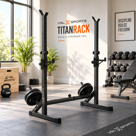 VSL Sports TitanRack ρυθμιζόμενο squat rack με ενσωματωμένες θέσεις αποθήκευσης δίσκων σε φωτεινό οργανωμένο home gym