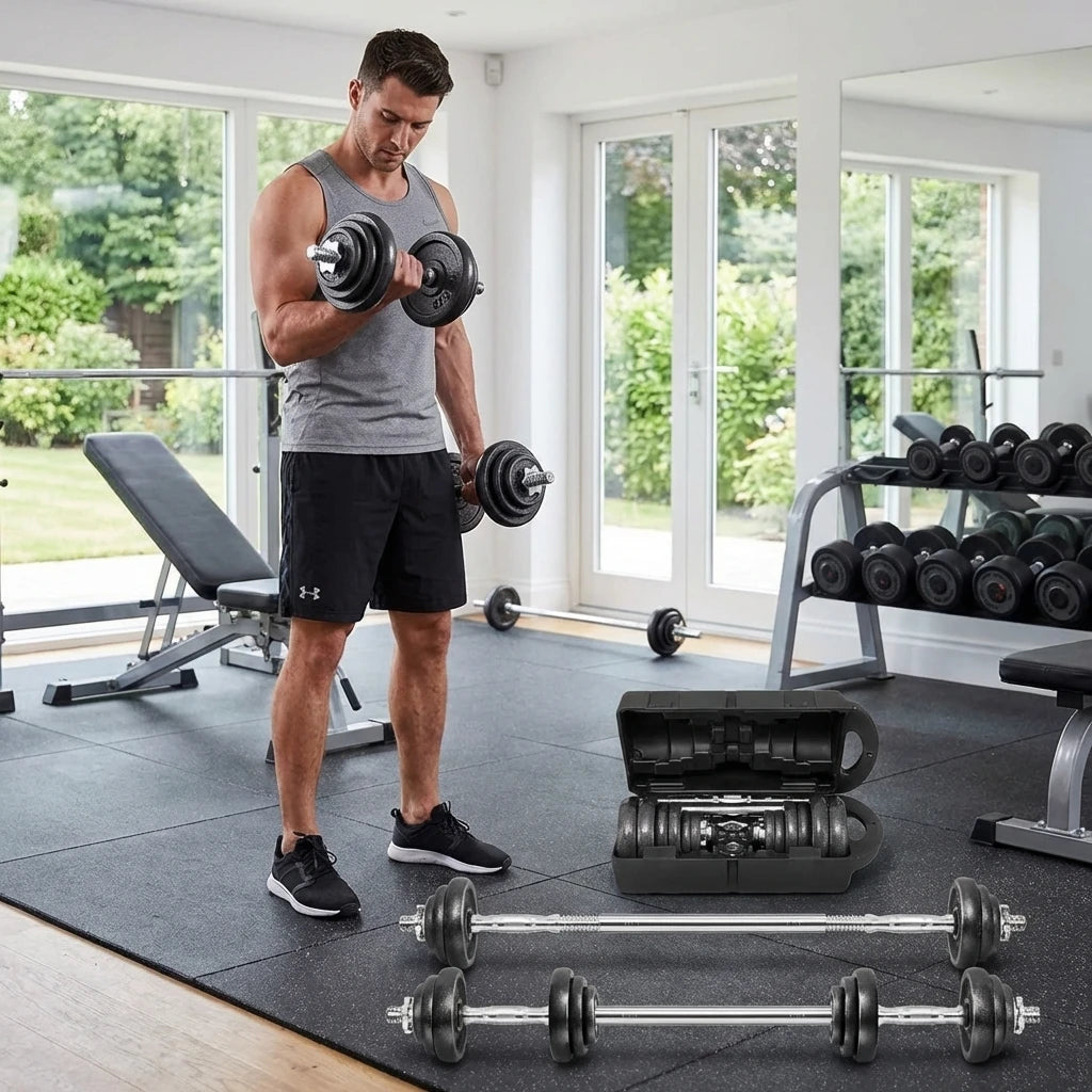 VSL Sports TitanSet 20 σετ ατσάλινων αλτήρων με μπάρα και βαλιτσάκι μεταφοράς