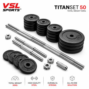 VSL Sports TitanSet 50® - Set of Two Steel Dumbbells & 152cm Bar, with 50 kg Adjustable Steel Weights & Carrying Case