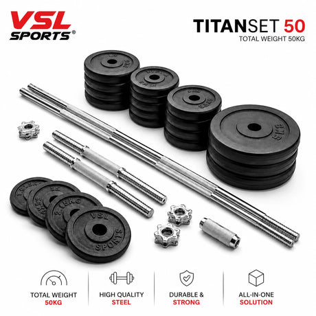 VSL Sports TitanSet 50 – ολοκληρωμένο σετ βαρών 50kg με μπάρα, αλτήρες, δίσκους βαρών και μεταλλικά εξαρτήματα.