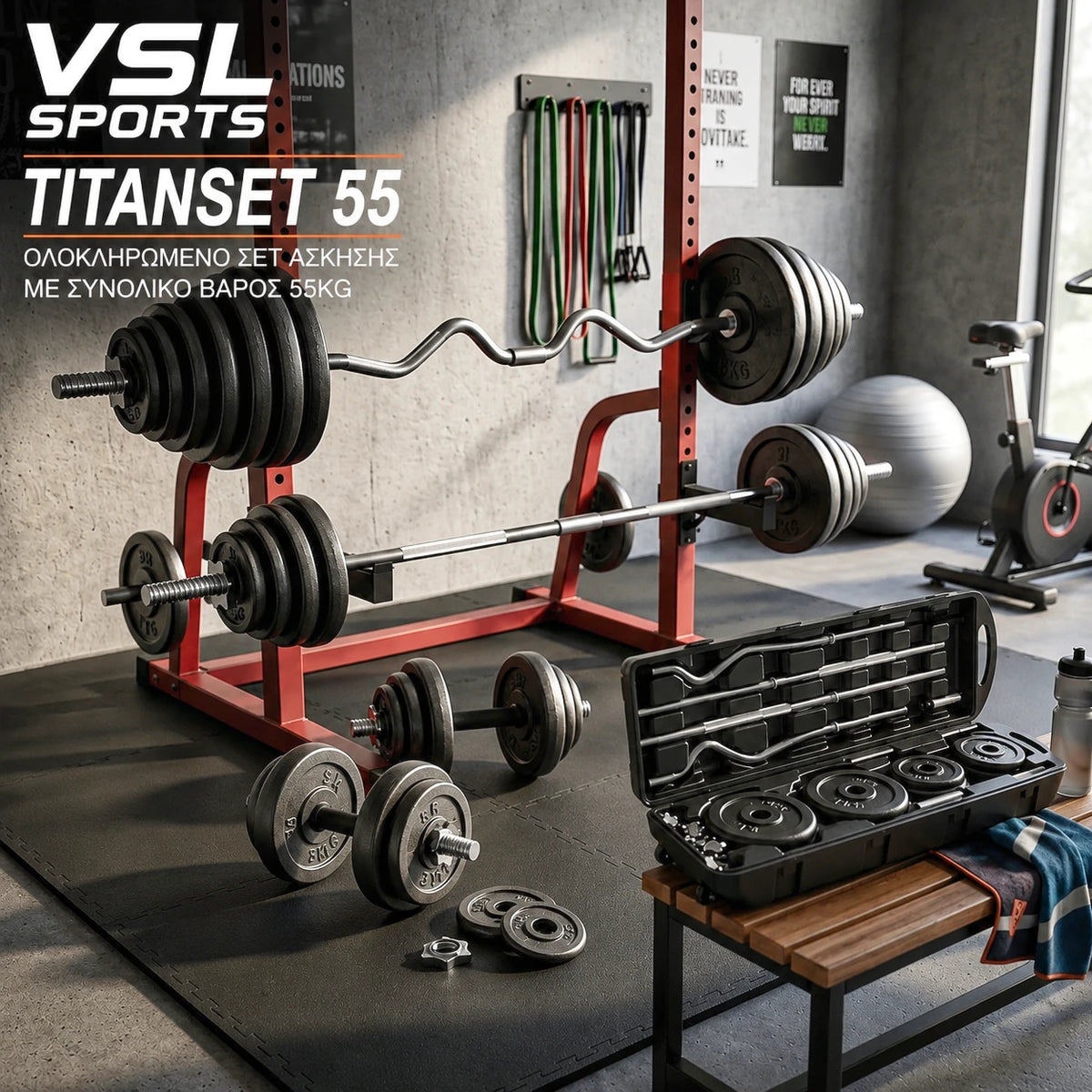 VSL Sports TitanSet 55 πλήρες σετ home gym 55kg με ατσάλινους αλτήρες, ίσια μπάρα, στραβόμπαρα EZ Curl, δίσκους και βαλίτσα μεταφοράς