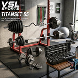 VSL Sports TitanSet 55 πλήρες σετ home gym 55kg με ατσάλινους αλτήρες, ίσια μπάρα, στραβόμπαρα EZ Curl, δίσκους και βαλίτσα μεταφοράς
