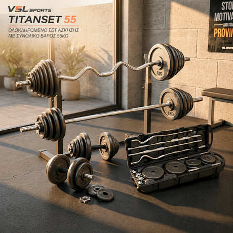VSL Sports TitanSet 55 ολοκληρωμένο σετ 55kg με ατσάλινους αλτήρες, ίσια μπάρα, στραβόμπαρα EZ Curl, δίσκους και βαλίτσα μεταφοράς