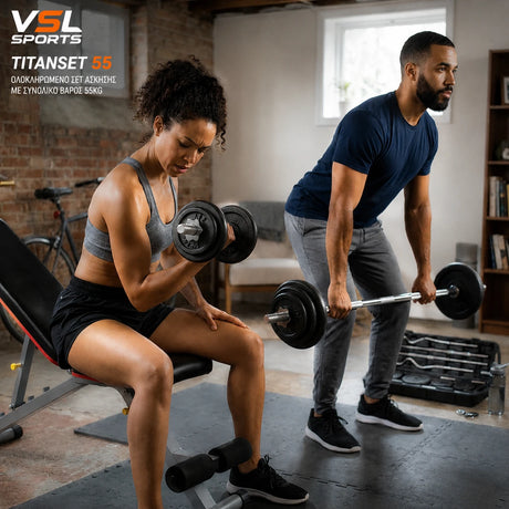 VSL Sports TitanSet 55 ολοκληρωμένο σετ 55kg σε προπόνηση home gym με ρυθμιζόμενους αλτήρες και ίσια μπάρα