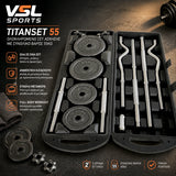 VSL Sports TitanSet 55 ανοιχτή premium βαλίτσα με ατσάλινους αλτήρες, ίσια μπάρα, στραβόμπαρα EZ Curl, μεταλλικούς δίσκους και σφιγκτήρες