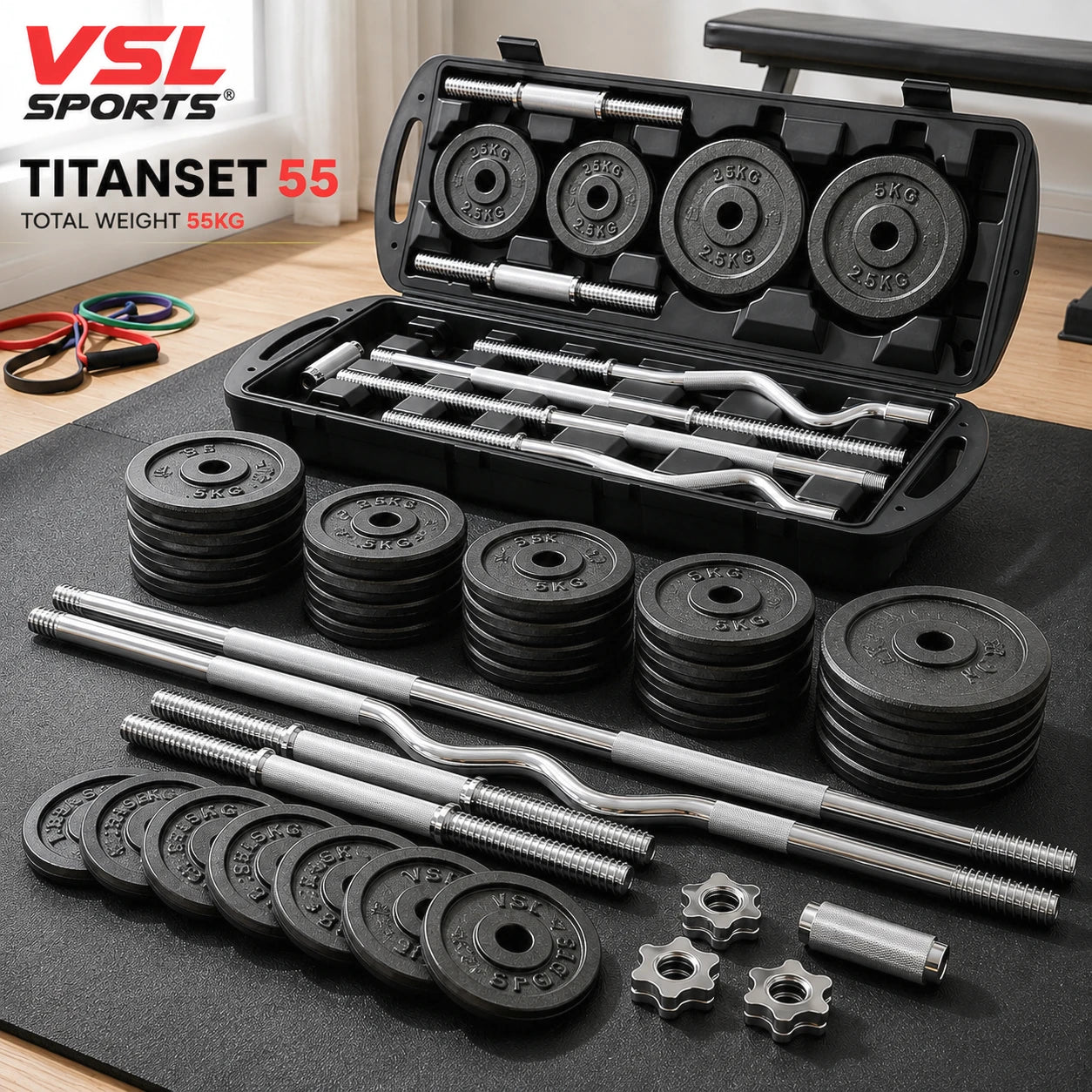 VSL Sports TitanSet 55 – ολοκληρωμένο σετ βαρών 55kg με βαλίτσα αποθήκευσης, δίσκους, μπάρες και αλτήρες για προπόνηση στο σπίτι.