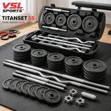 VSL Sports TitanSet 55 – ολοκληρωμένο σετ βαρών 55kg με βαλίτσα αποθήκευσης, δίσκους, μπάρες και αλτήρες για προπόνηση στο σπίτι.