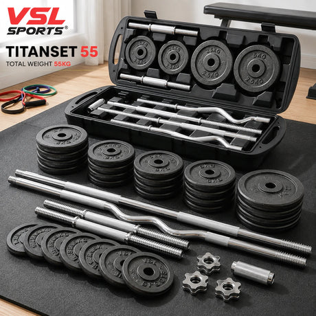 VSL Sports TitanSet 55 – ολοκληρωμένο σετ βαρών 55kg με βαλίτσα αποθήκευσης, δίσκους, μπάρες και αλτήρες για προπόνηση στο σπίτι.