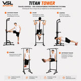 VSL Sports TitanTower μονόζυγο δίζυγο με παραδείγματα ασκήσεων pull-ups, βυθίσεις, κάμψεις, ανυψώσεις ποδιών και διατάσεις