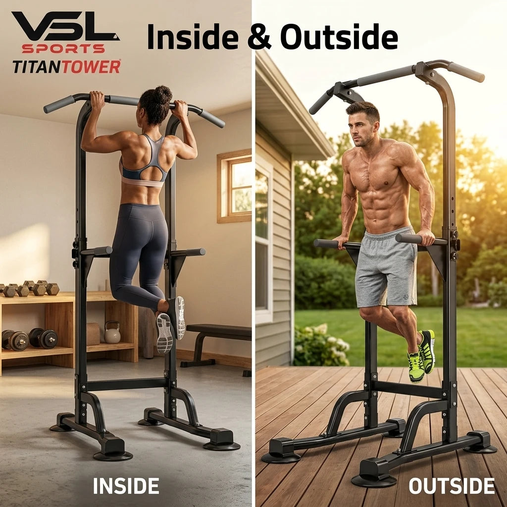 VSL Sports TitanTower μονόζυγο δίζυγο με αθλητές σε pull-ups και dips, για προπόνηση σε εσωτερικό και εξωτερικό χώρο