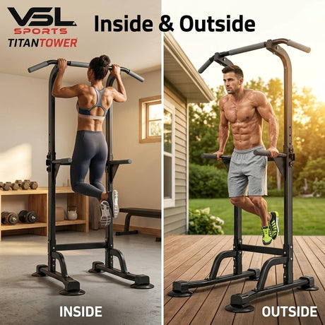 VSL Sports TitanTower μονόζυγο δίζυγο με αθλητές σε pull-ups και dips, για προπόνηση σε εσωτερικό και εξωτερικό χώρο