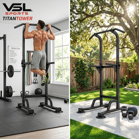 VSL Sports TitanTower μονόζυγο δίζυγο για home gym, με αθλητή σε έλξεις και δυνατότητα τοποθέτησης σε εσωτερικό ή εξωτερικό χώρο