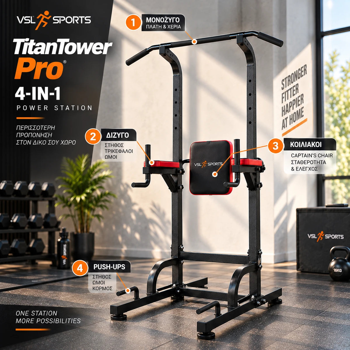 VSL Sports TitanTower Pro πολυόργανο 4-in-1 με μονόζυγο, δίζυγο, Captain’s Chair για κοιλιακούς και ενσωματωμένες λαβές push-up