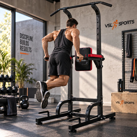 Αθλητής εκτελεί dips στο δίζυγο του VSL Sports TitanTower Pro για ενδυνάμωση στήθους, τρικεφάλων και ώμων σε home gym
