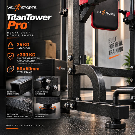 Λεπτομέρειες Heavy Duty κατασκευής VSL Sports TitanTower Pro 25kg με σφυρήλατο φινίρισμα, προφίλ 50×50mm, ενισχυμένες συνδέσεις και δηλωμένη αντοχή κατασκευαστή ≥300kg
