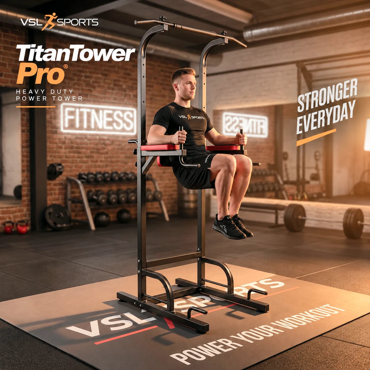 Αθλητής εκτελεί knee raises στο VSL Sports TitanTower Pro με Captain’s Chair, επενδεδυμένα στηρίγματα αγκώνων και πλάτης για προπόνηση core