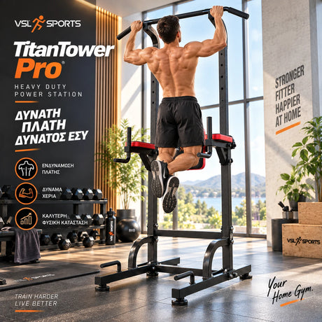 Αθλητής εκτελεί έλξεις στο ψηλό VSL Sports TitanTower Pro, Heavy Duty μονόζυγο και πολυόργανο για προπόνηση πλάτης και χεριών στο σπίτι
