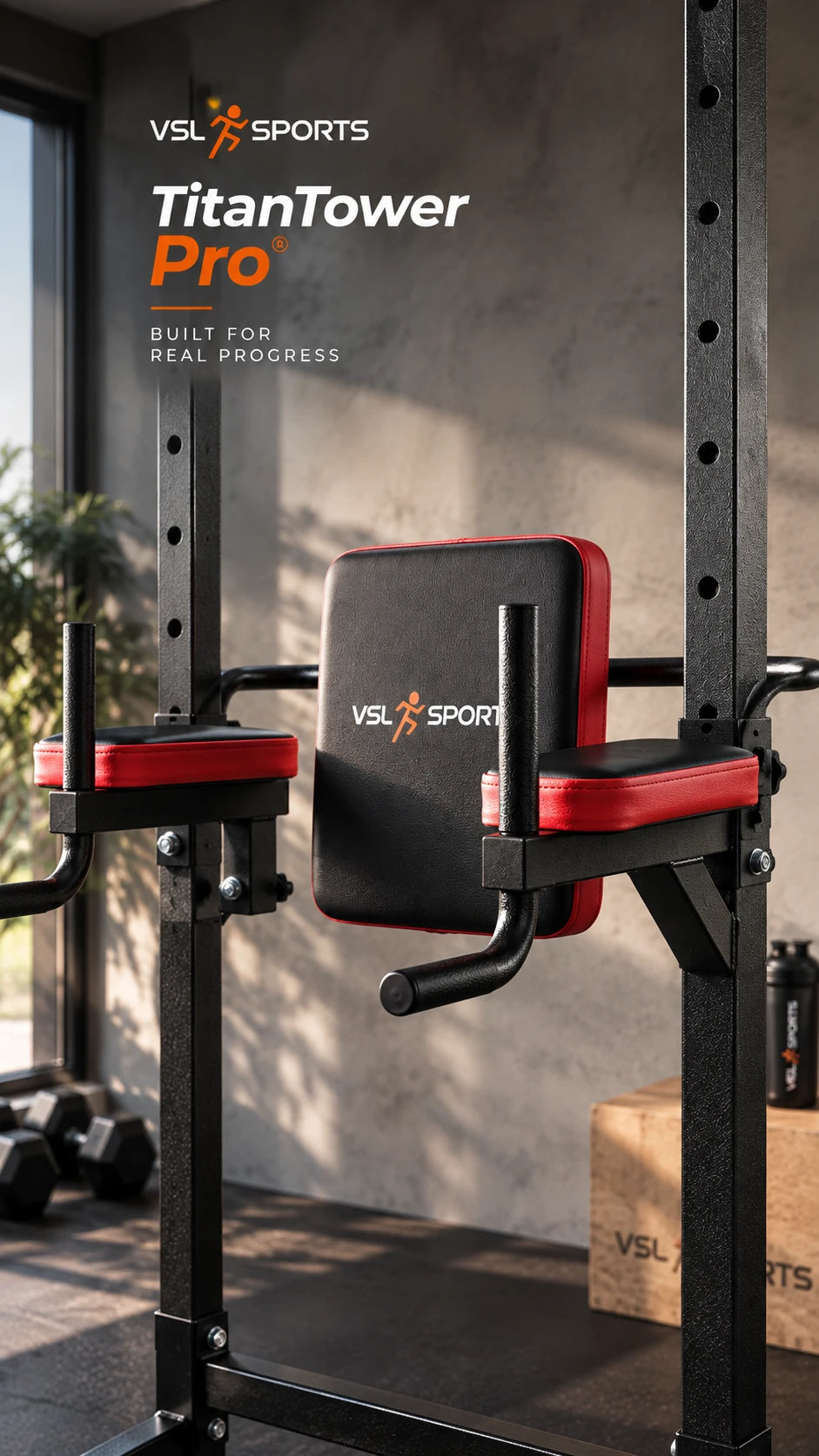 Κάθετη λεπτομέρεια VSL Sports TitanTower Pro με Captain’s Chair, επενδεδυμένη πλάτη, στηρίγματα αγκώνων και Heavy Duty σφυρήλατη κατασκευή