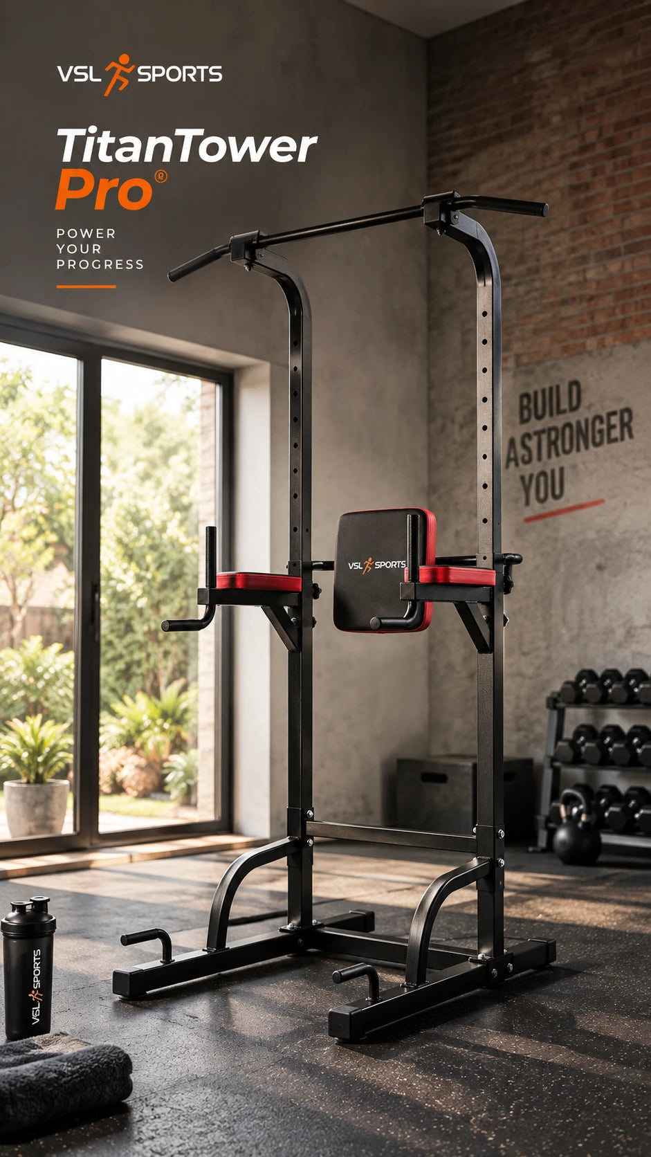 VSL Sports TitanTower Pro Heavy Duty μονόζυγο, δίζυγο και πολυόργανο σε κάθετη φωτογραφία για σύγχρονο home gym