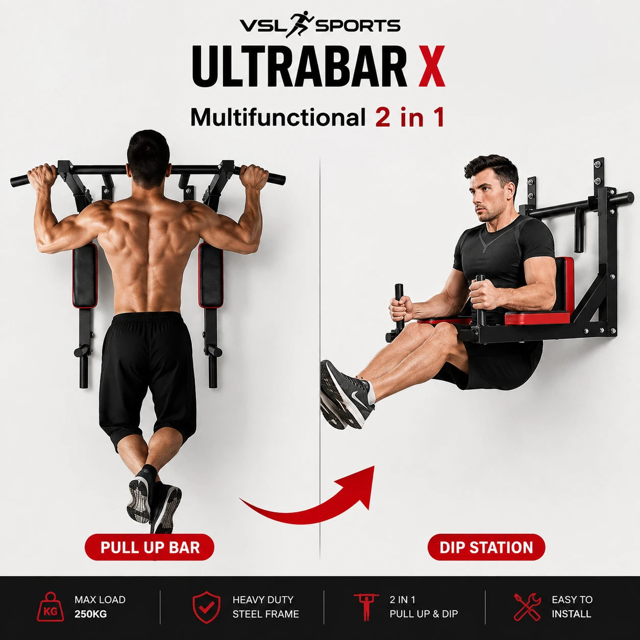 VSL Sports UltraBar X επιτοίχιο μονόζυγο και δίζυγο 2 σε 1 για pull-ups, dips και ασκήσεις κορμού