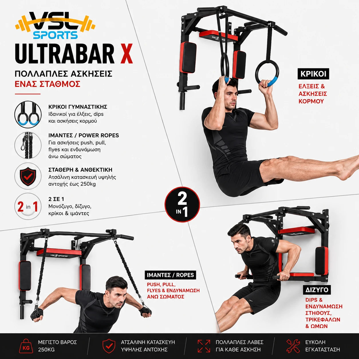 VSL Sports UltraBar X επιτοίχιο μονόζυγο και δίζυγο για ασκήσεις με κρίκους, ιμάντες, dips και ενδυνάμωση κορμού