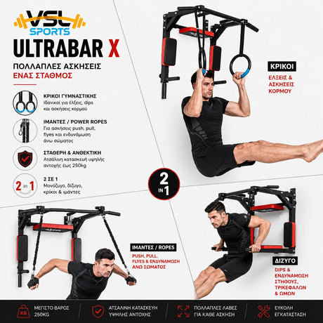 VSL Sports UltraBar X επιτοίχιο μονόζυγο και δίζυγο για ασκήσεις με κρίκους, ιμάντες, dips και ενδυνάμωση κορμού